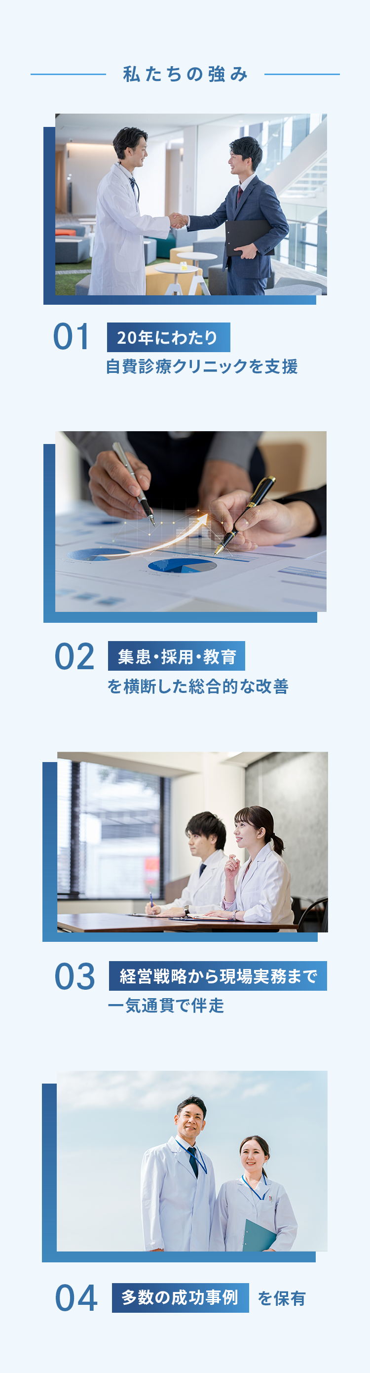 私たちの強み。20年にわたり自費診療クリニックを支援。集患・採用・教育を横断した総合的な改善を実施。経営戦略から現場実務まで一気通貫で伴走し、多数の成功事例を保有する自由診療クリニック専門の経営コンサルティング。